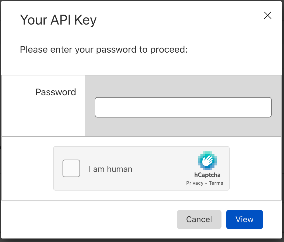 Cloudflare password confirmation dialog for viewing API key